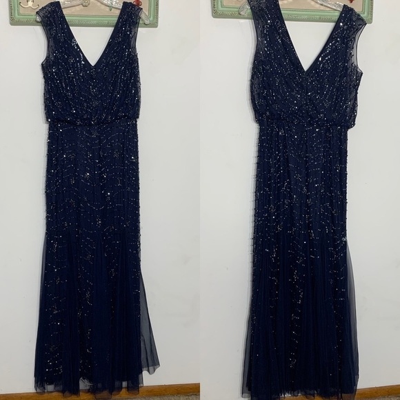Aidan Mattox Sequin v-neck & back mermaid navy full length evening dress 8 women - Picture 10 of 10